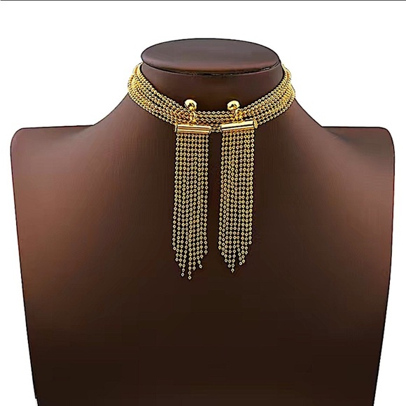 Gold Fringe Tassel Necklace Bracelet Earrings Matching Boho Set - Picture 4 of 13